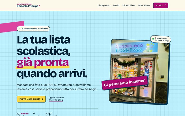 La pagina iniziale del sito della Cartolibreria Il Piccolo Principe: la vetrina reale del negozio ad Angri e la valutazione Google