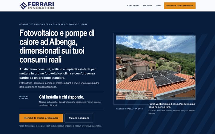 La pagina iniziale del sito Ferrari Innovation: impianto fotovoltaico installato su un tetto dell entroterra ligure